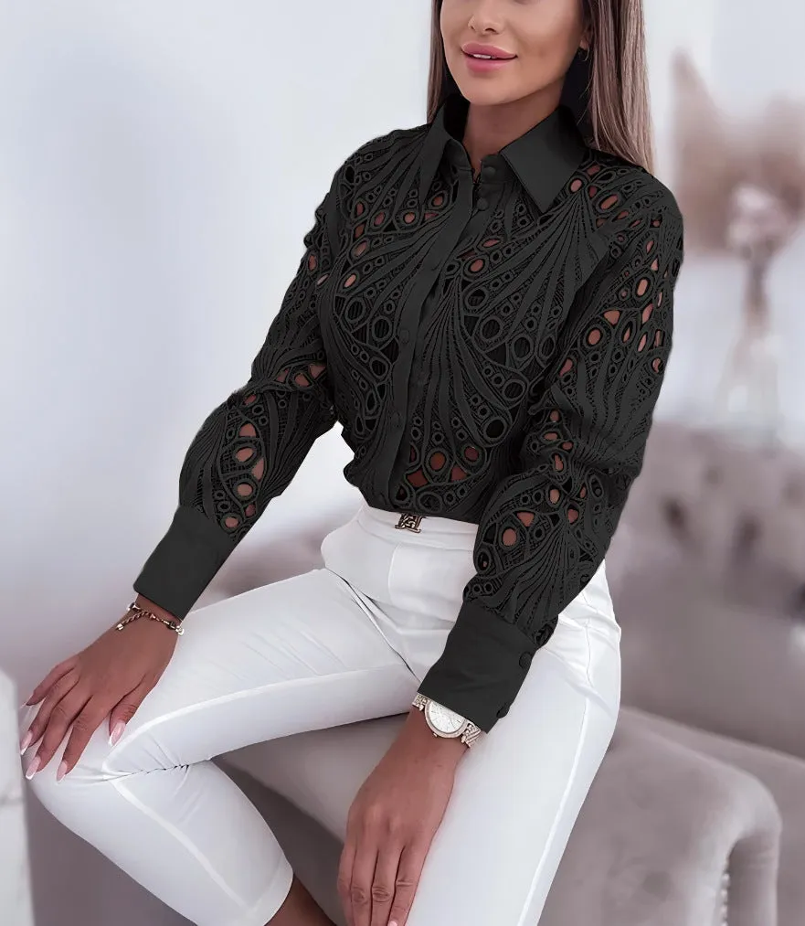 Elegant Lace Hollow Design Long-Sleeve Shirt for Refined Office Glam