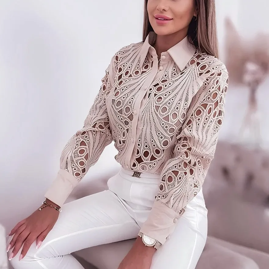 Elegant Lace Hollow Design Long-Sleeve Shirt for Refined Office Glam