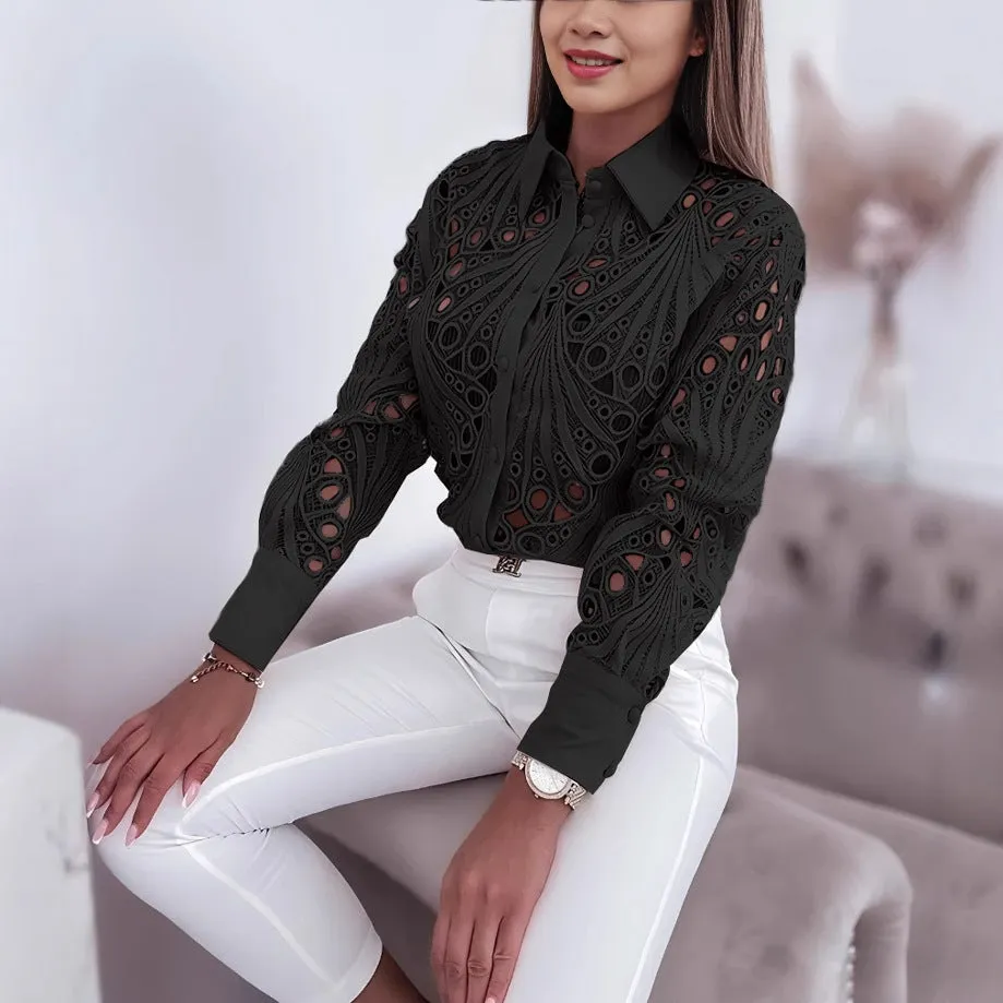 Elegant Lace Hollow Design Long-Sleeve Shirt for Refined Office Glam
