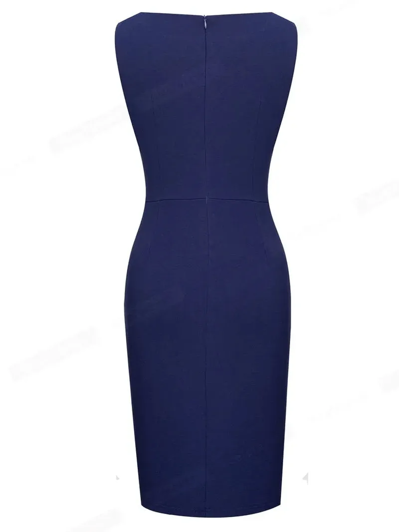Elegant Round Neck Plain Vintage Pencil Dress