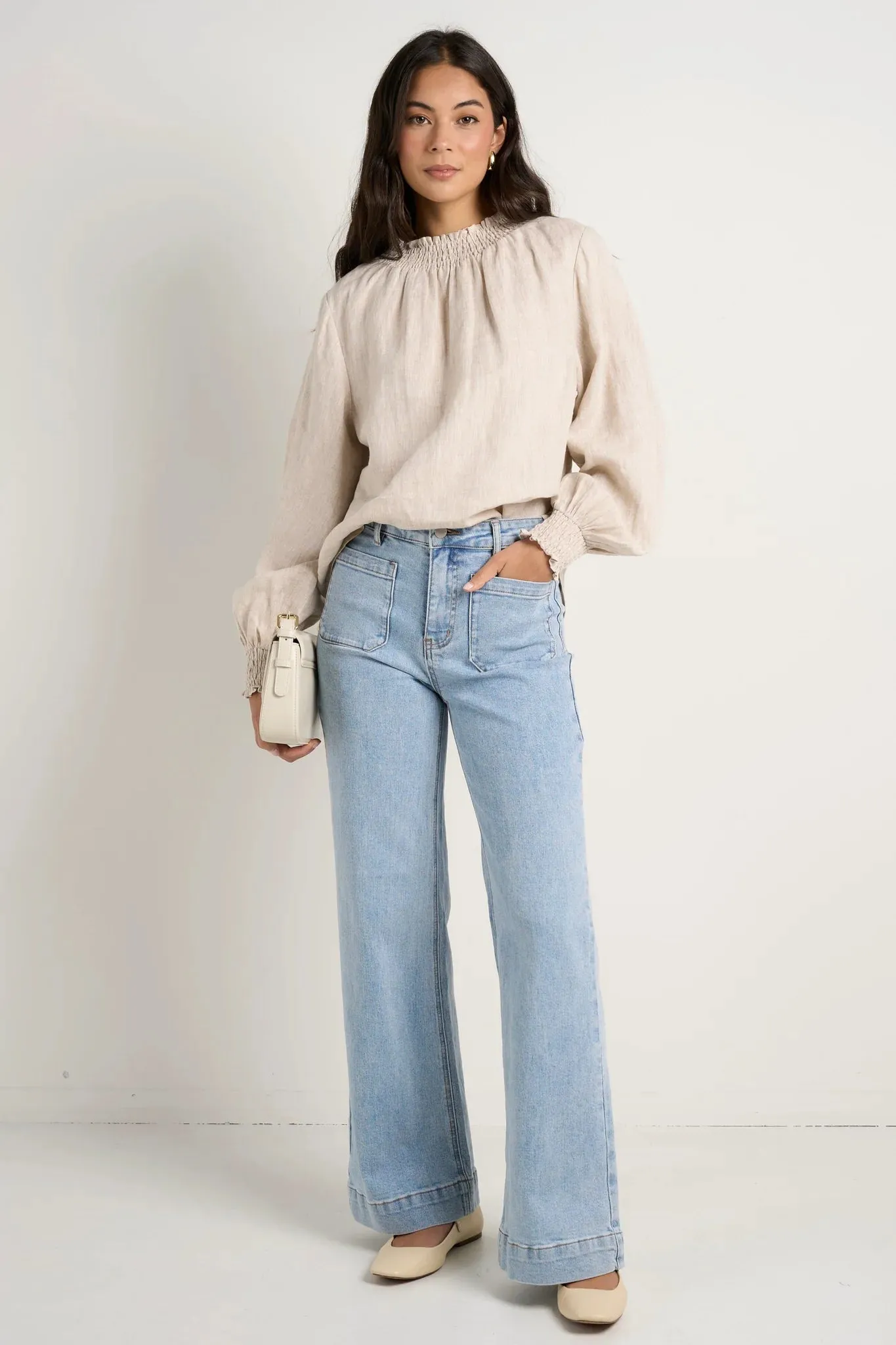 Embrace Shirred Neck LS Top Natural Linen
