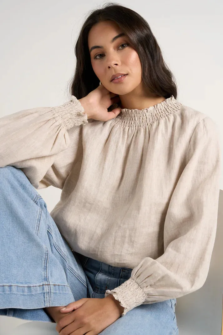 Embrace Shirred Neck LS Top Natural Linen