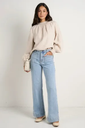 Embrace Shirred Neck LS Top Natural Linen