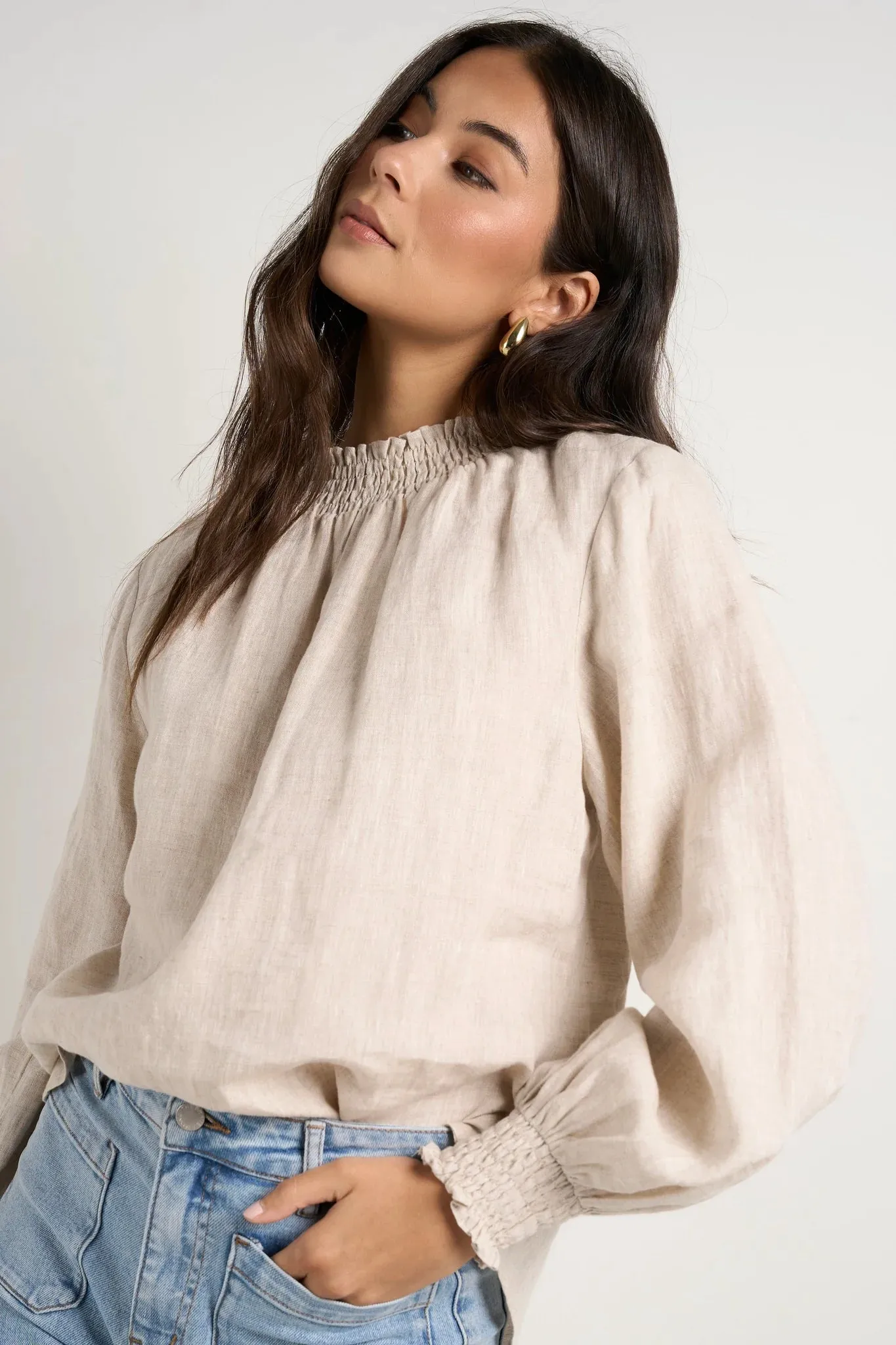 Embrace Shirred Neck LS Top Natural Linen