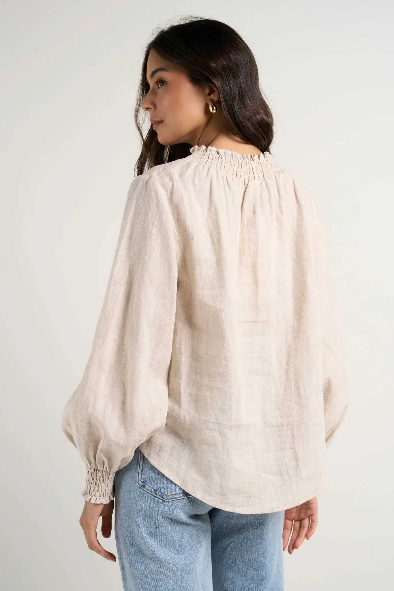 Embrace Shirred Neck LS Top Natural Linen
