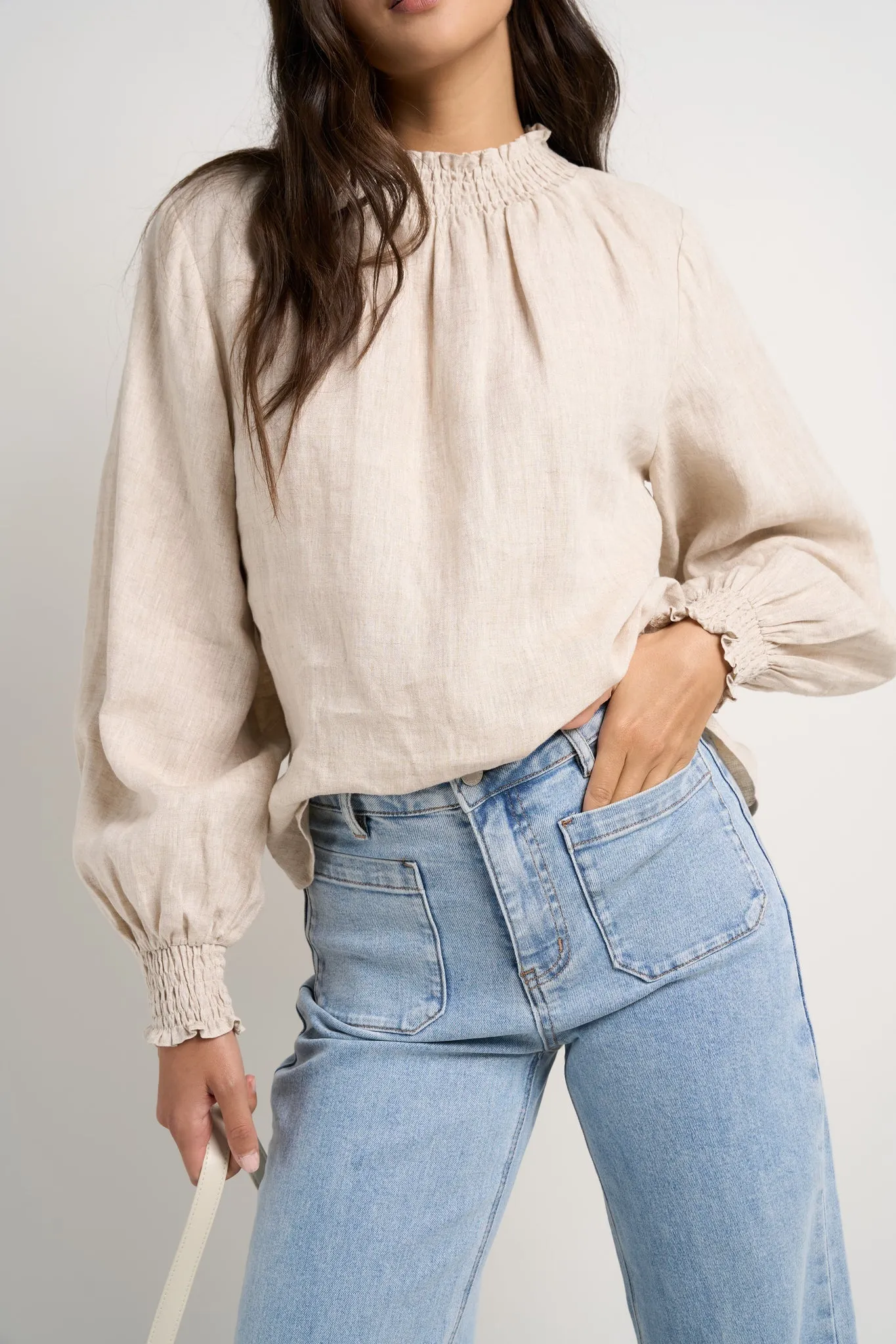 Embrace Shirred Neck LS Top Natural Linen