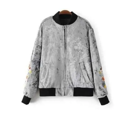 Embroidered Velvet Padded Jacket - Light Gray M