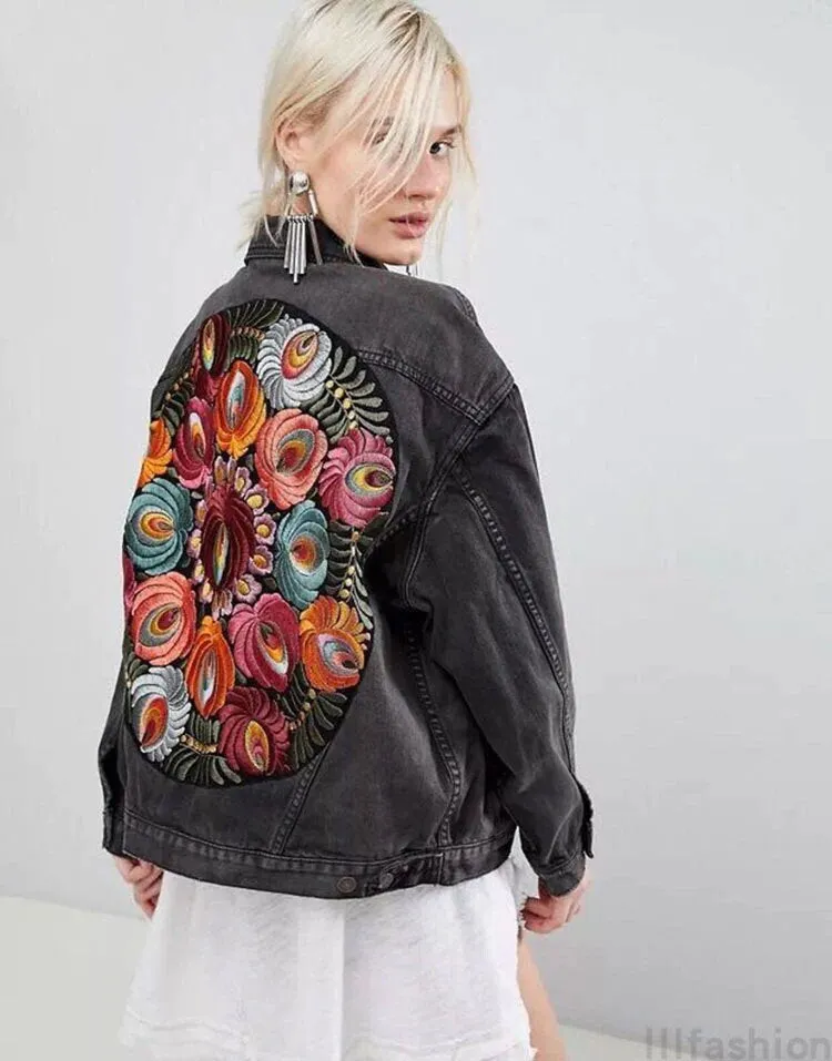 Embroidered Vintage Denim Bomber Jacket