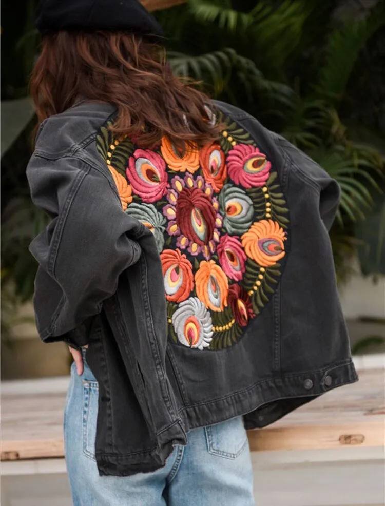 Embroidered Vintage Denim Bomber Jacket
