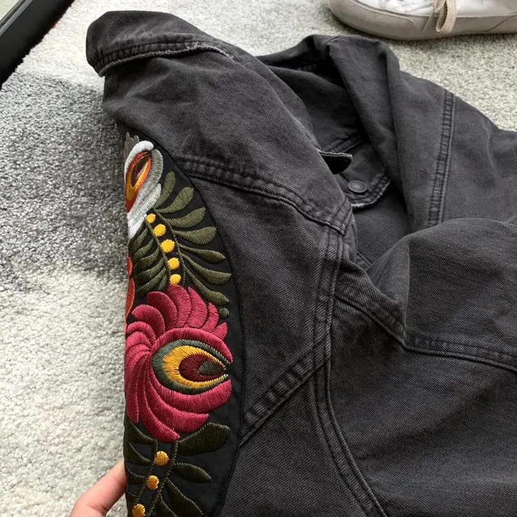 Embroidered Vintage Denim Bomber Jacket