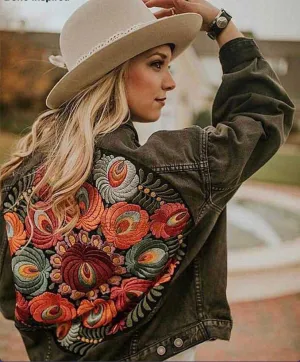 Embroidered Vintage Denim Bomber Jacket
