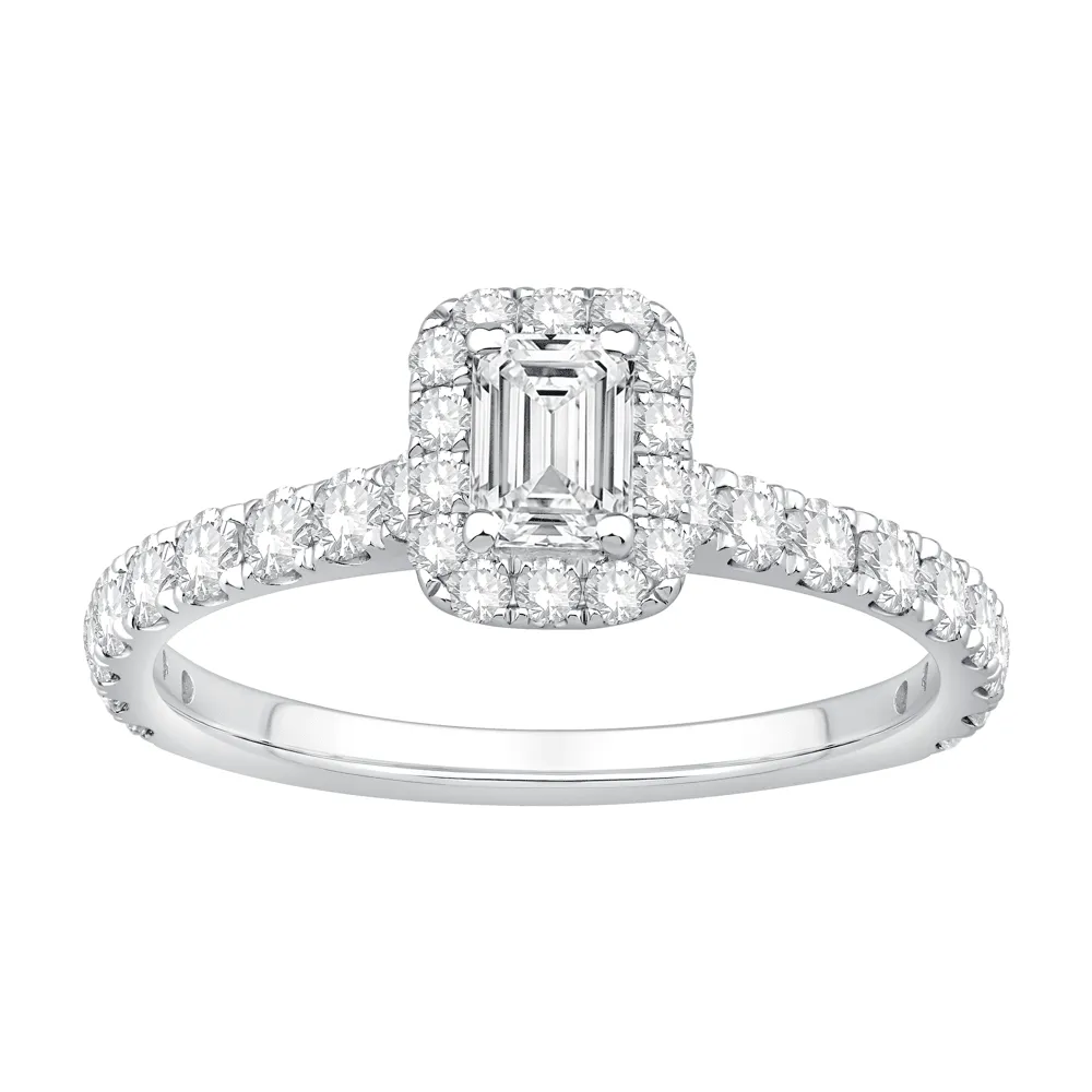 Emerald Cut Halo Ring with 1.10ct of Laboratory Grown Diamonds in 9ct White Gold