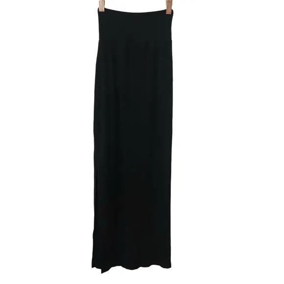 Enza Costa Silk Blend Ribbed Jersey Midi Pencil Skirt Side Slit Black Size Small