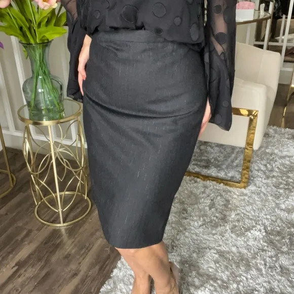 Escada Margarethe Lay Vtg 90s Knee Length Black Gold Pinstriped Pencil Skirt 16