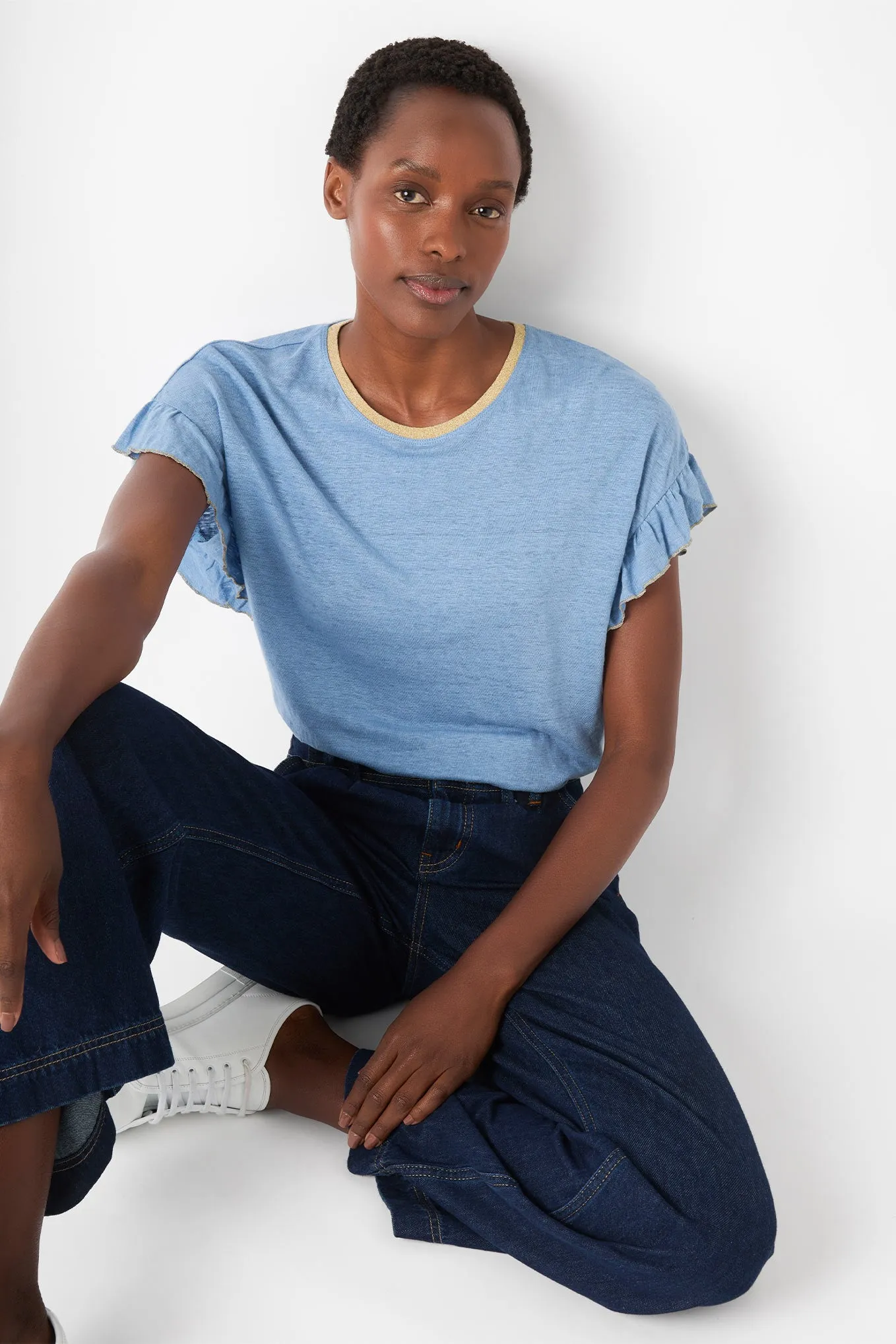 Etta Frill Sleeve Linen Tee - Sky Blue