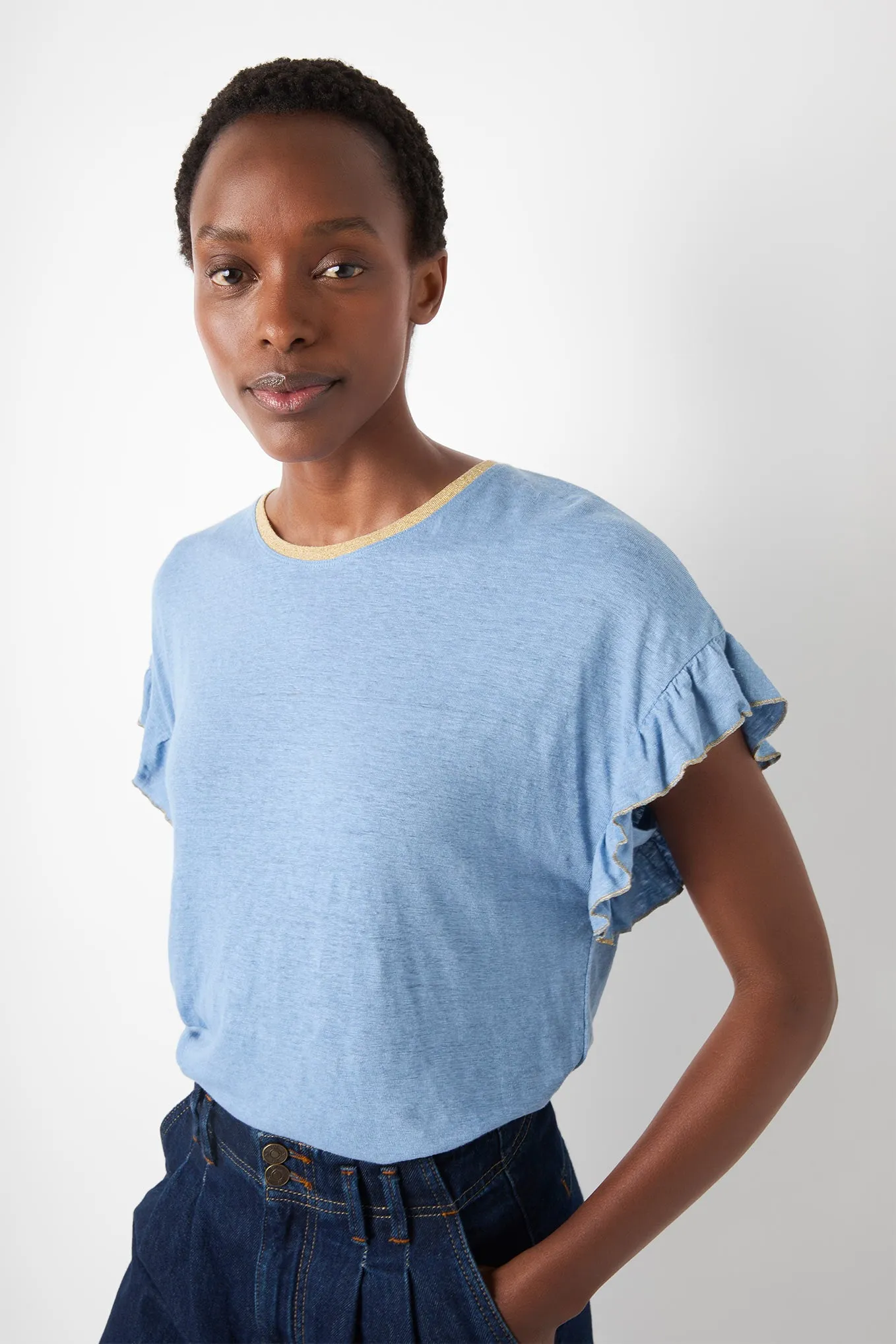 Etta Frill Sleeve Linen Tee - Sky Blue