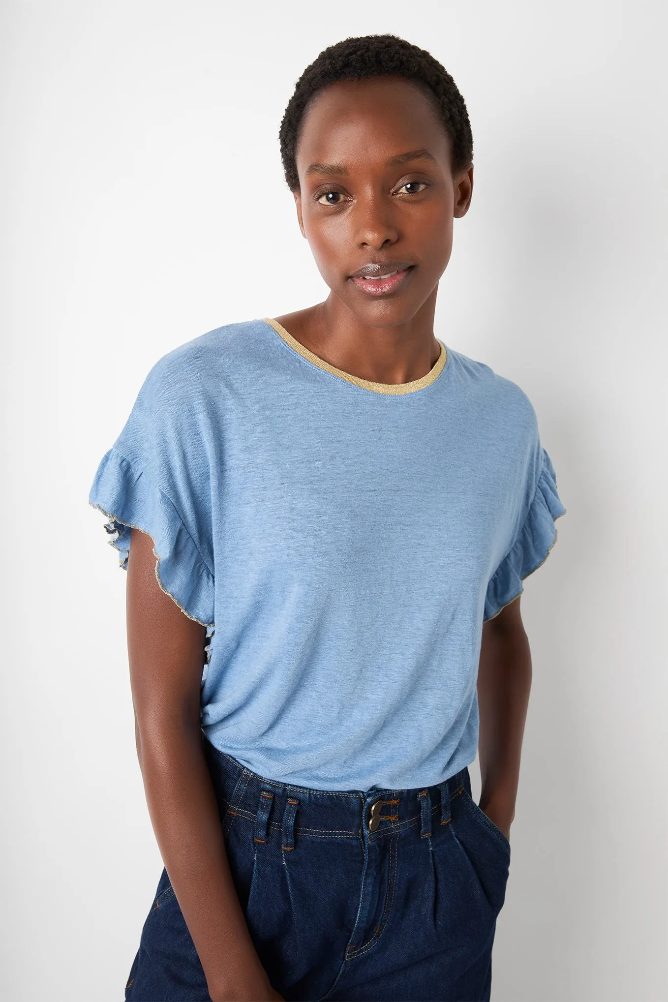 Etta Frill Sleeve Linen Tee - Sky Blue