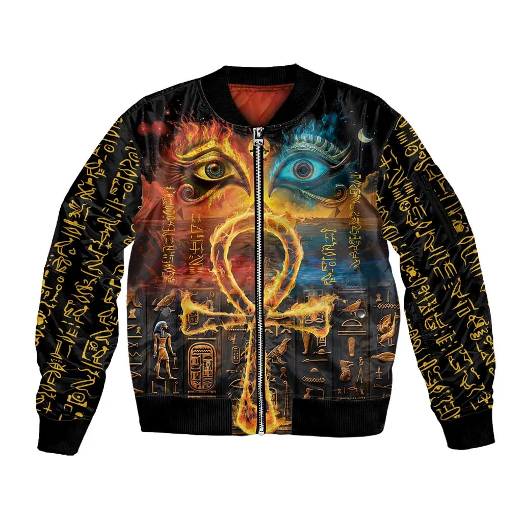 Eye of Ra and Eye of Horus Sleeve Zip Bomber Jacket Power and Magic Ancient Egyptian Mythology LT9