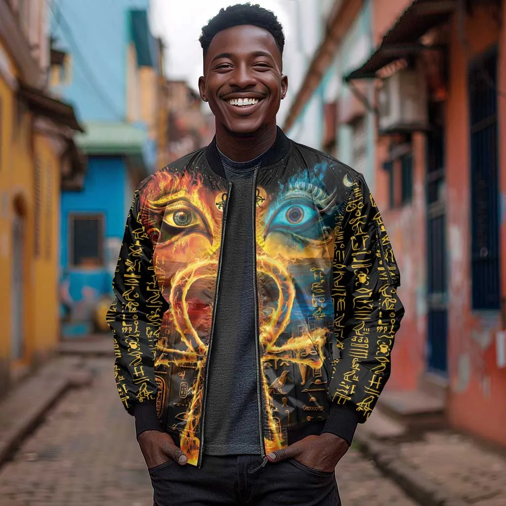 Eye of Ra and Eye of Horus Sleeve Zip Bomber Jacket Power and Magic Ancient Egyptian Mythology LT9