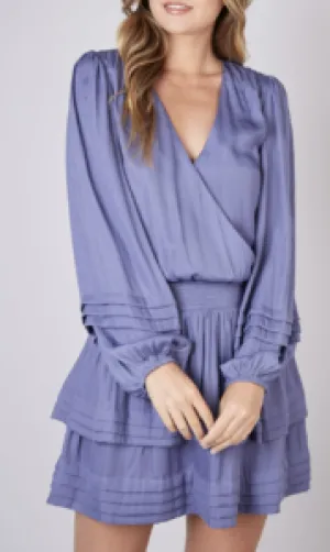 Faux Wrap V Neck Bishop Long Sleeve Smock Waist Dress