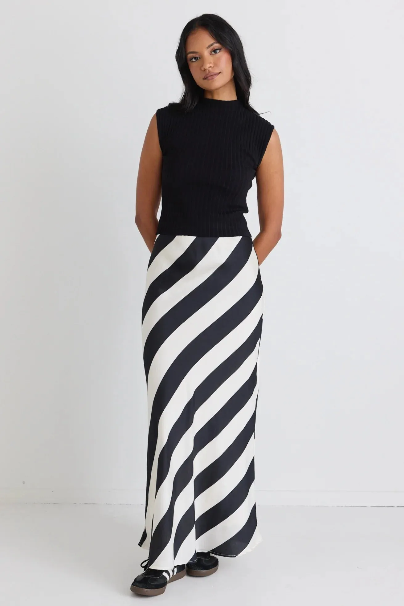 Fiery Stripe Satin Bias Maxi Skirt