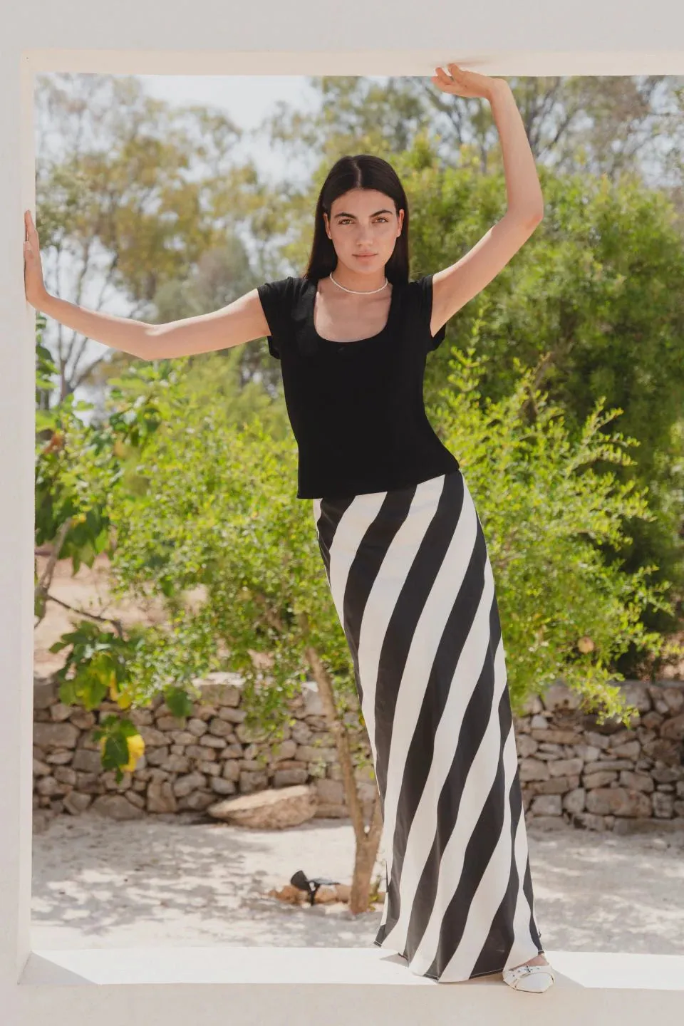 Fiery Stripe Satin Bias Maxi Skirt