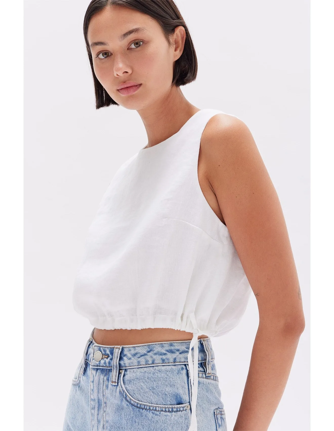 Fleur Rouched Linen Top White