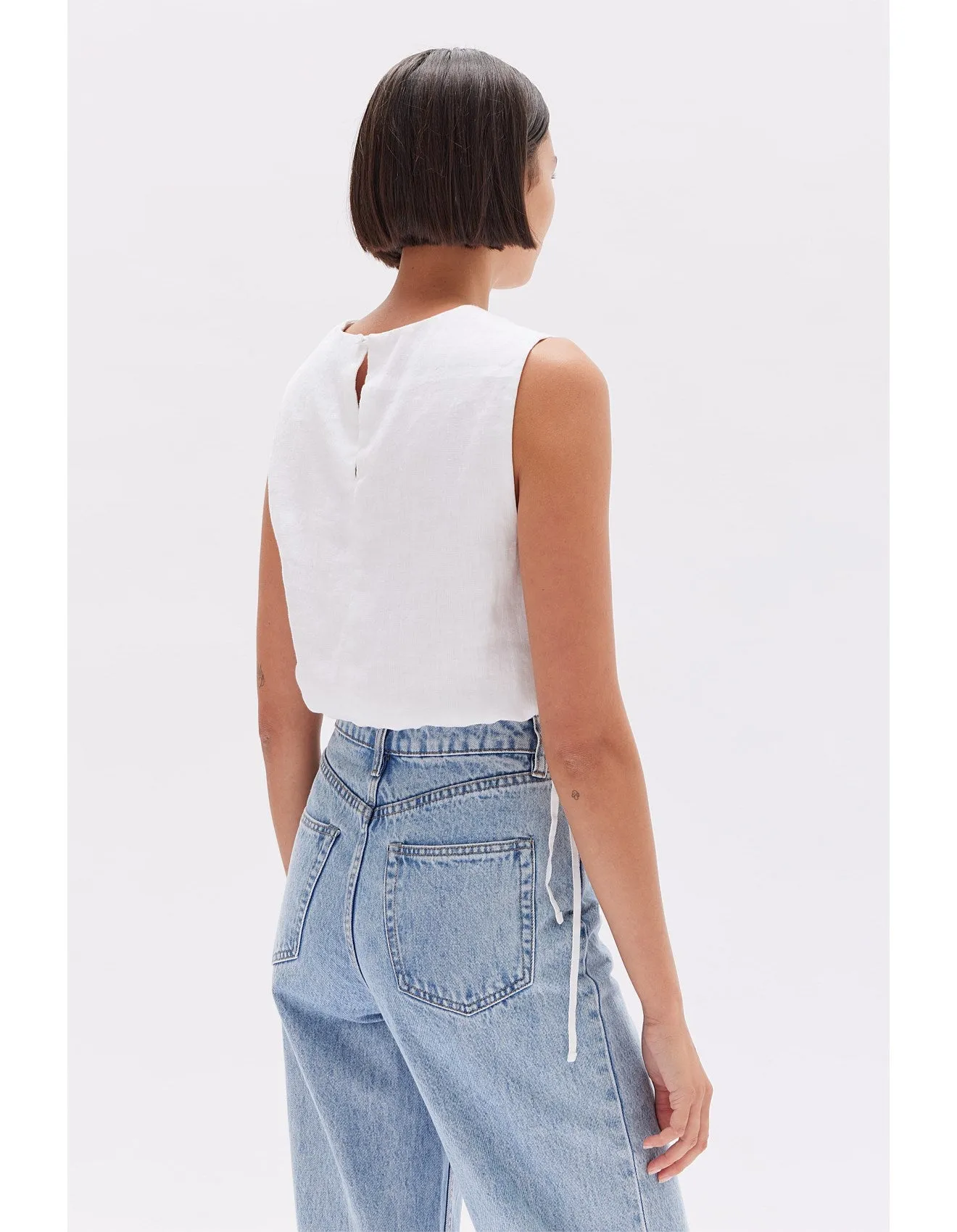 Fleur Rouched Linen Top White