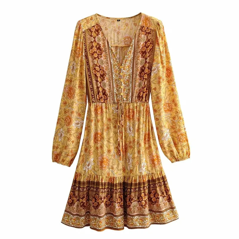 Floral Mini Dress Vintage Print Boho Dress
