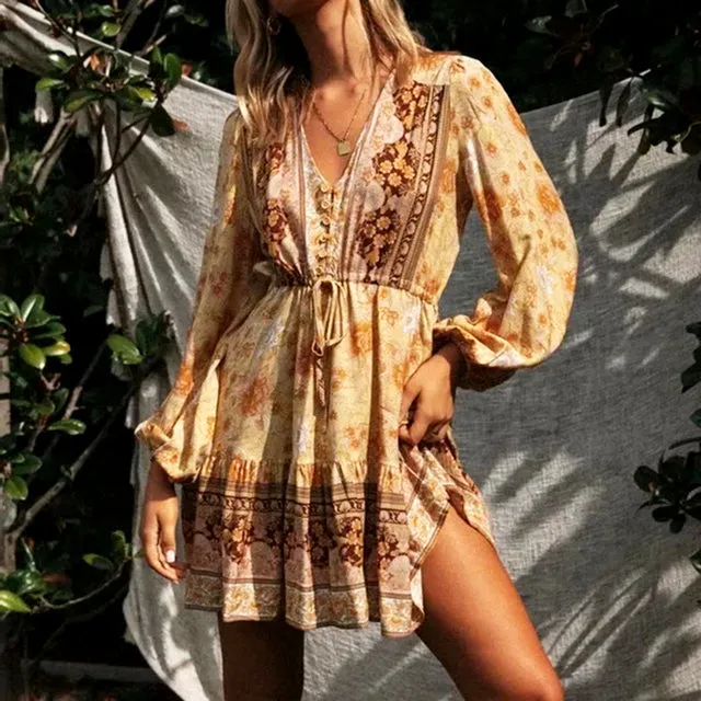 Floral Mini Dress Vintage Print Boho Dress