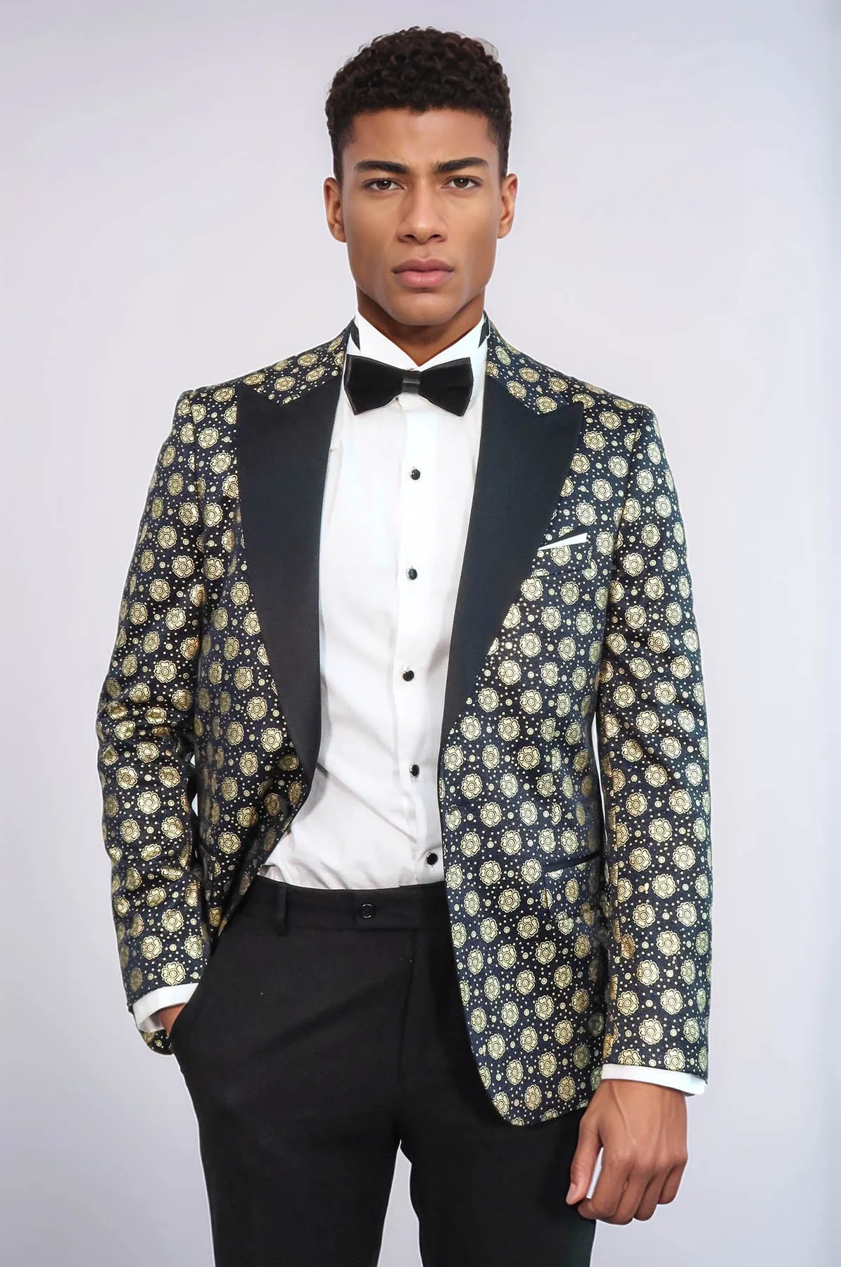 Floral Patterned Peak Lapel Navy Blue Men Prom Blazer - Wessi