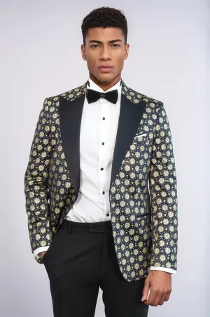 Floral Patterned Peak Lapel Navy Blue Men Prom Blazer - Wessi
