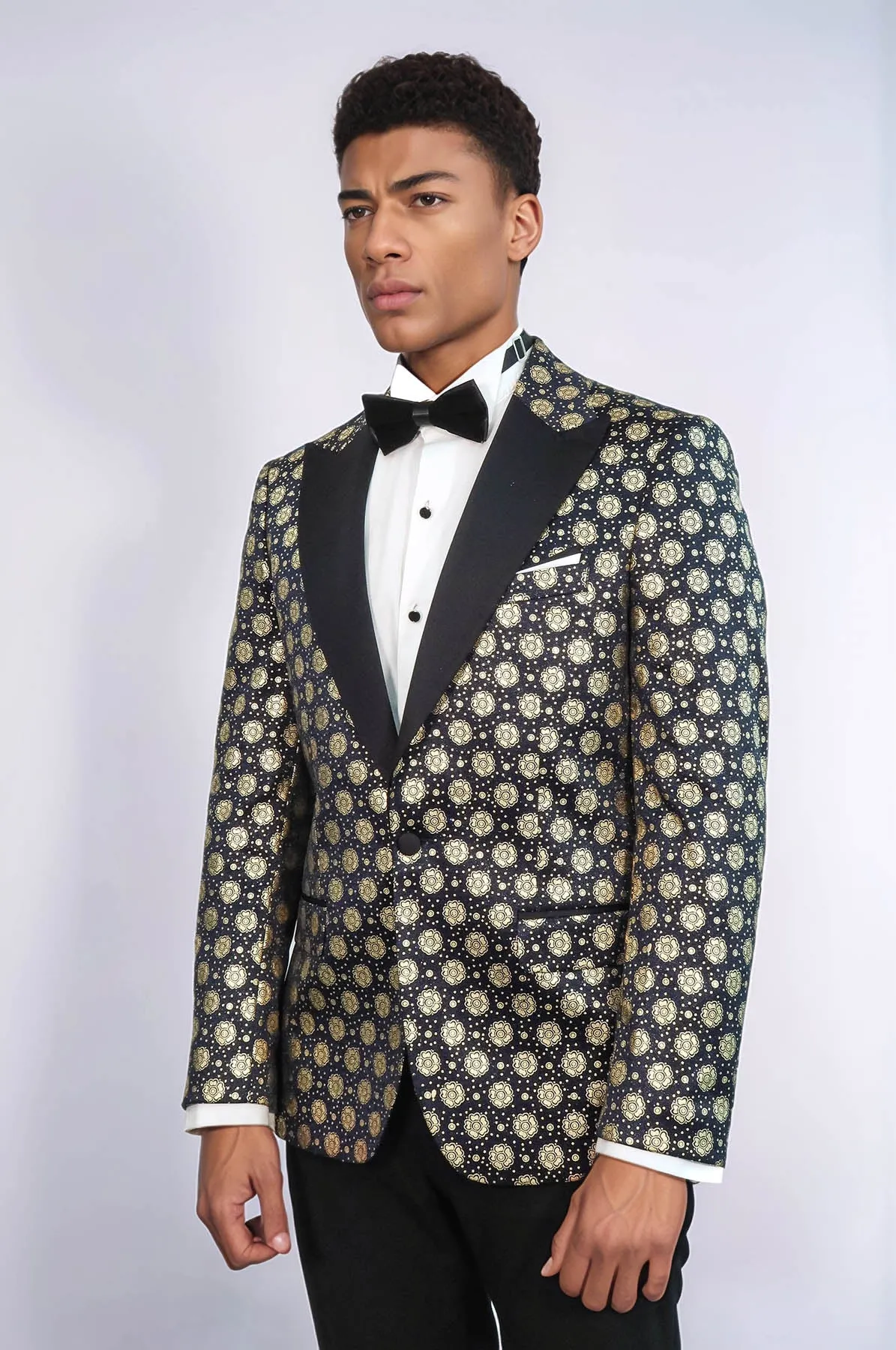 Floral Patterned Peak Lapel Navy Blue Men Prom Blazer - Wessi