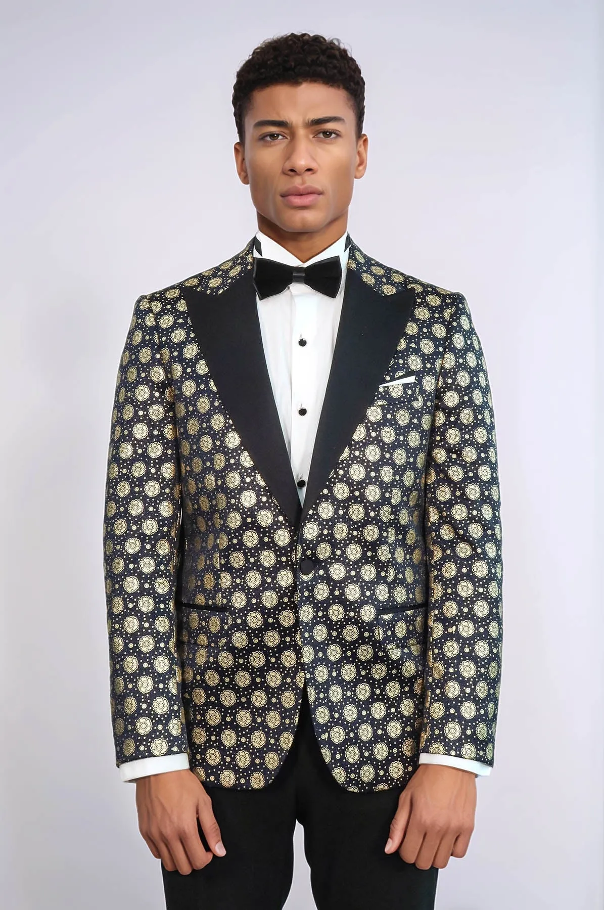 Floral Patterned Peak Lapel Navy Blue Men Prom Blazer - Wessi