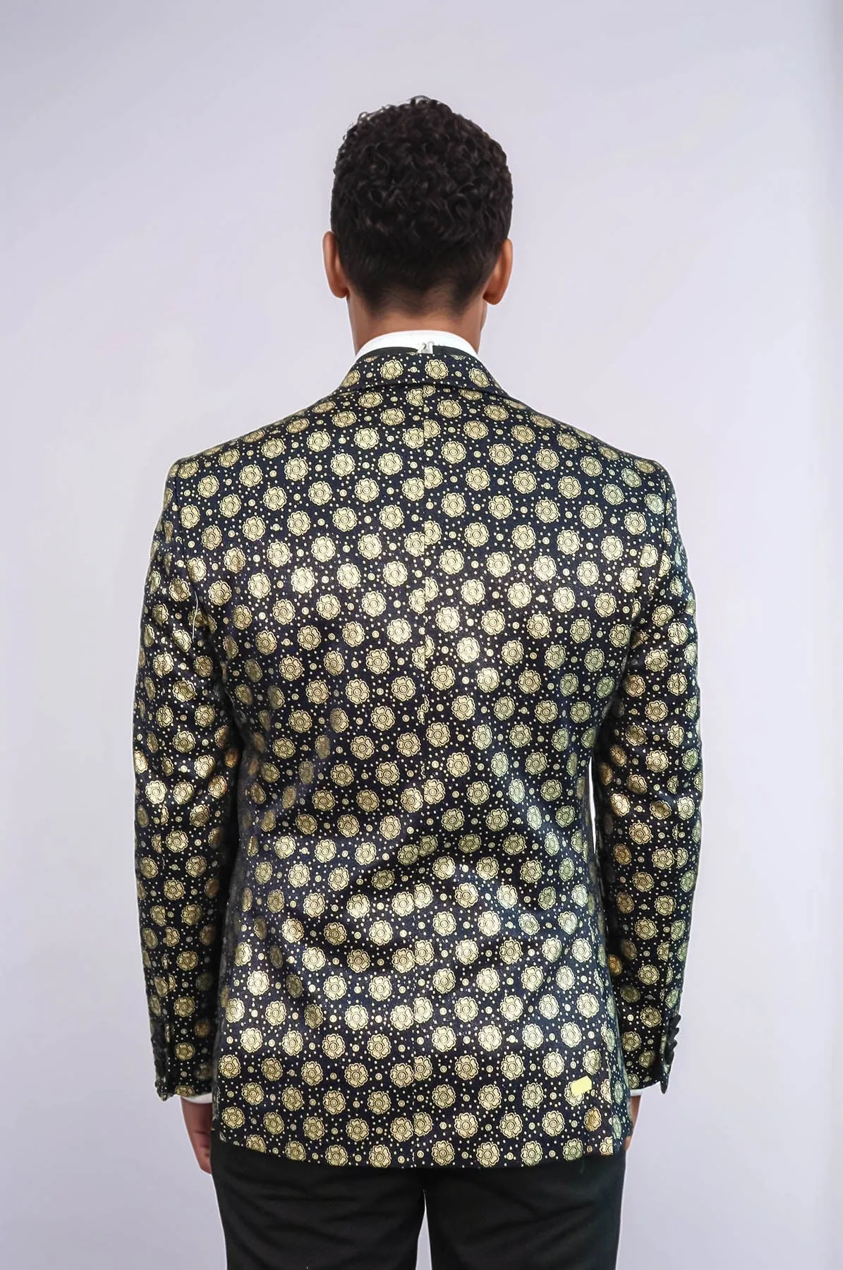 Floral Patterned Peak Lapel Navy Blue Men Prom Blazer - Wessi