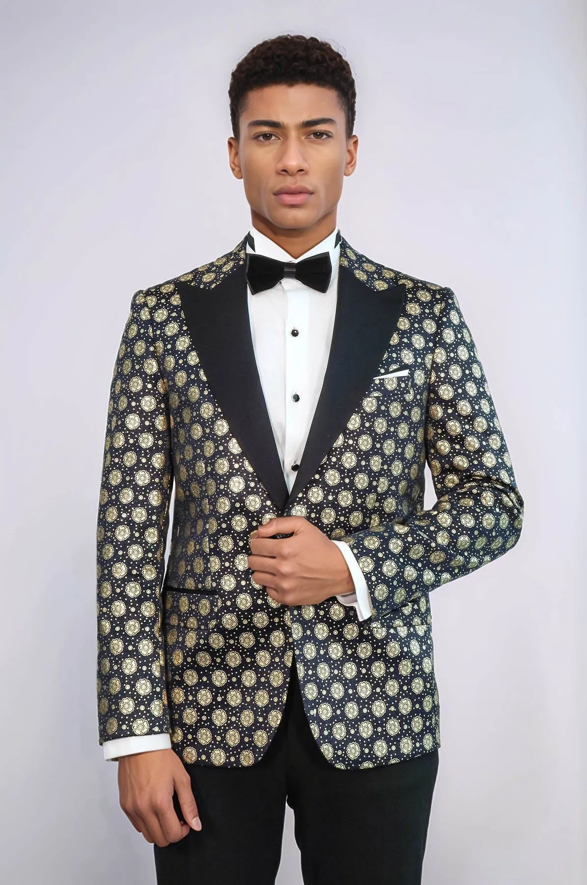 Floral Patterned Peak Lapel Navy Blue Men Prom Blazer - Wessi