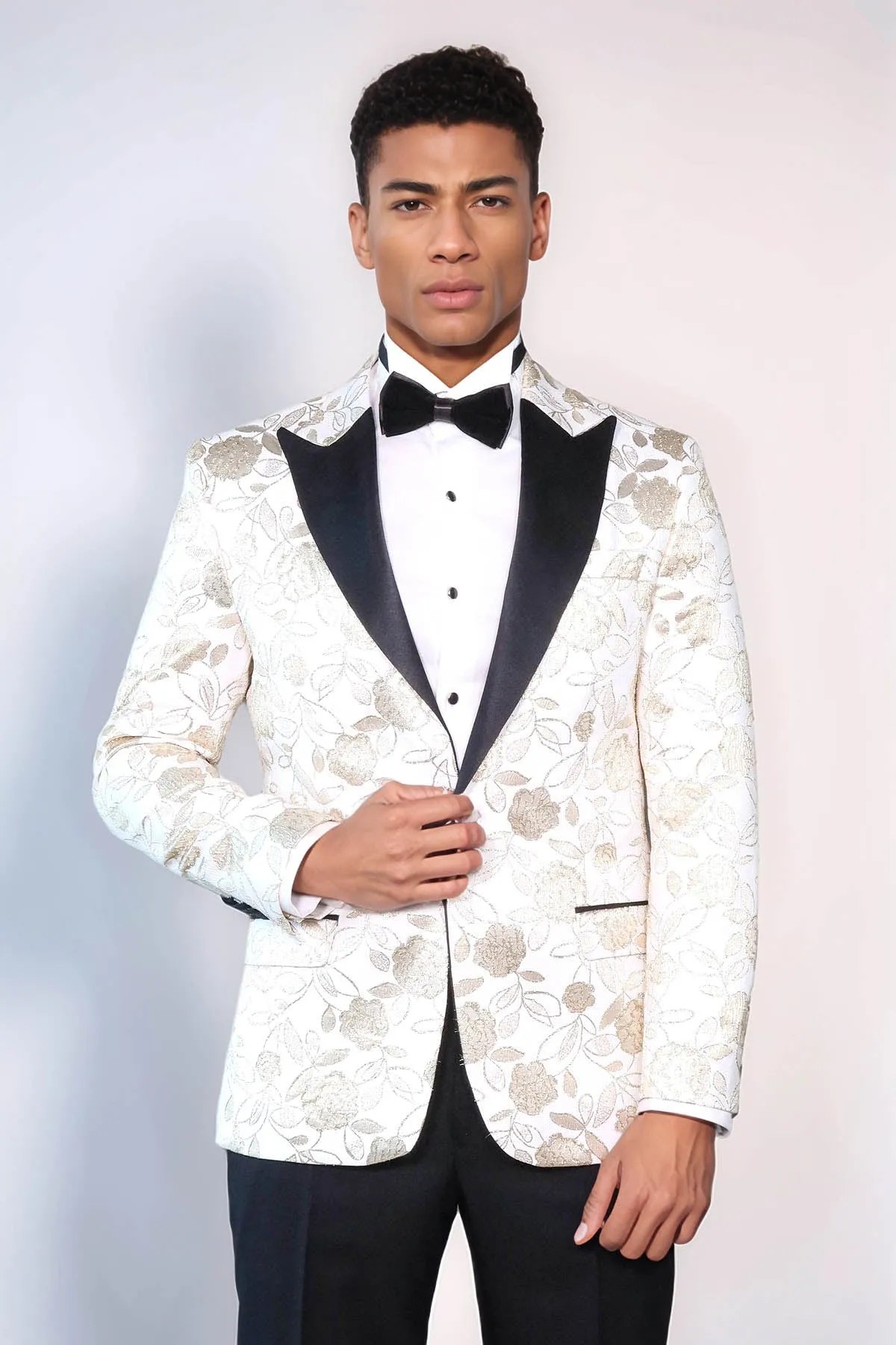 Floral Patterned White Men Prom Blazer - Wessi