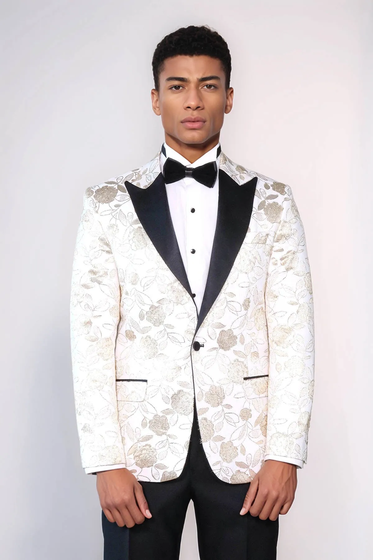 Floral Patterned White Men Prom Blazer - Wessi