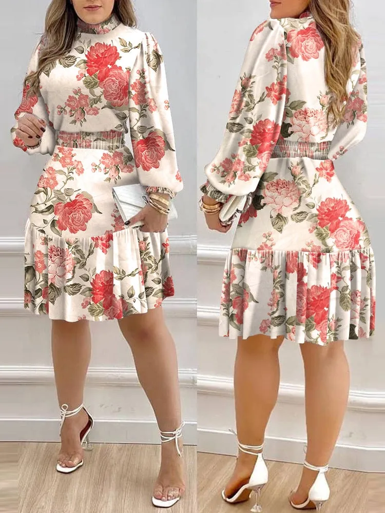 Floral Print Shirred Ruffle Dress