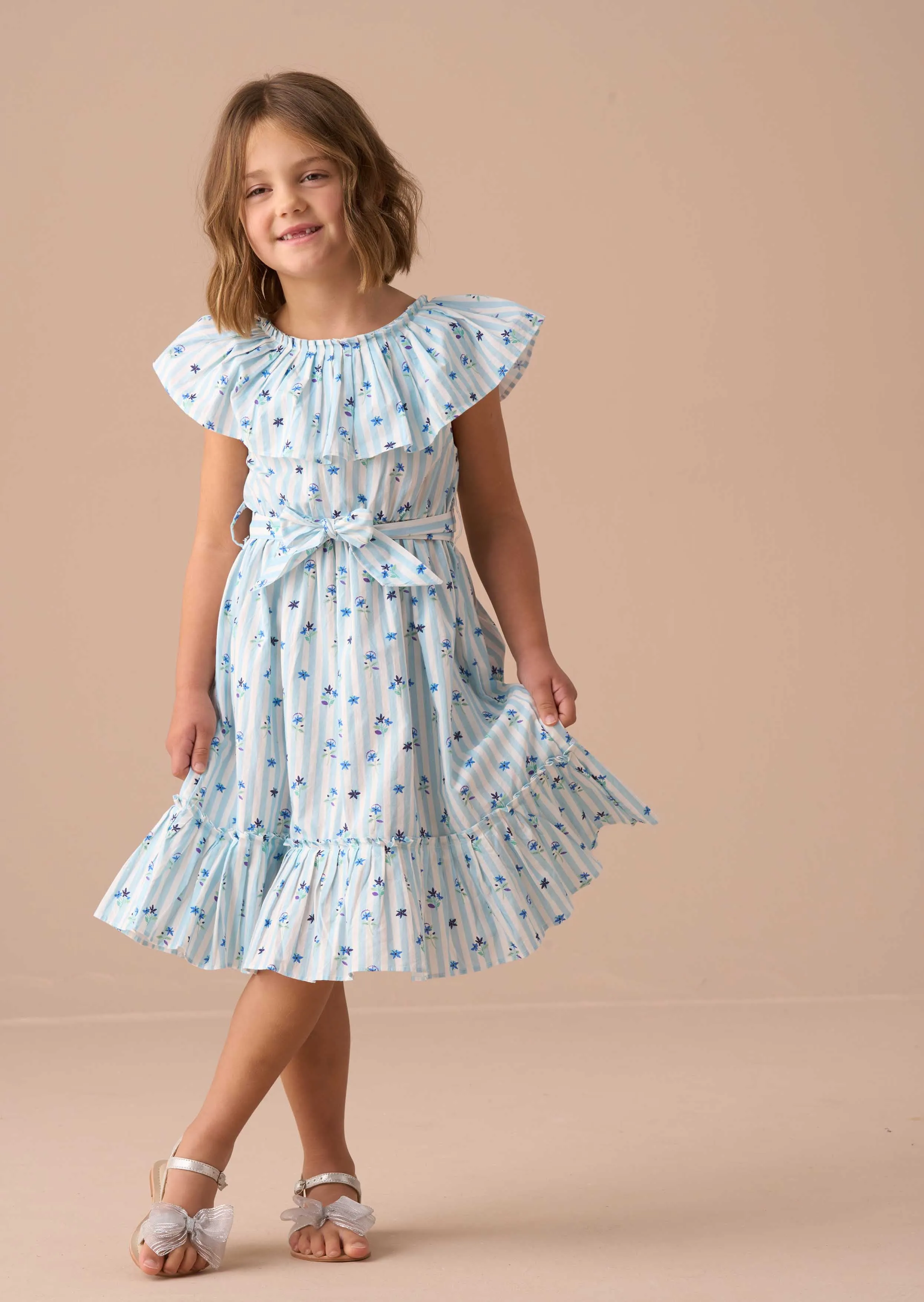 Flori Blue Pleated Collar Dress