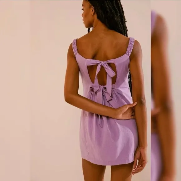 Free People Close To Heart Mini Dress Back Tie Linen/Cotton Boho Lilac Purple S