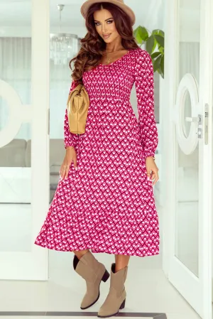 Geometric Shirred High Waist Long Dress