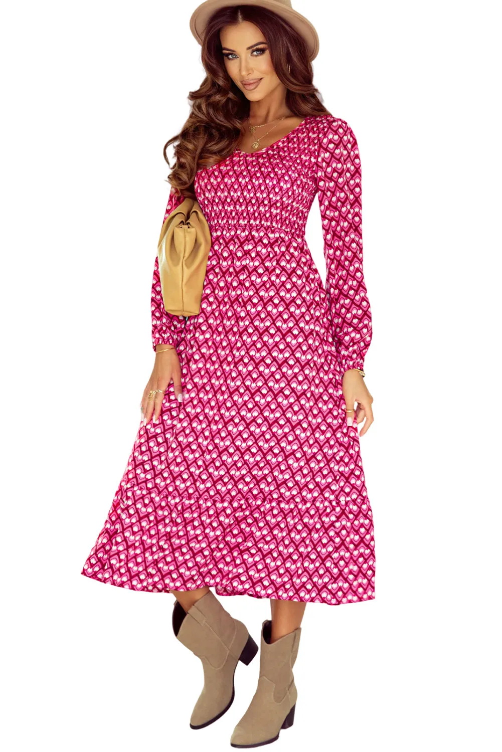 Geometric Shirred High Waist Long Dress
