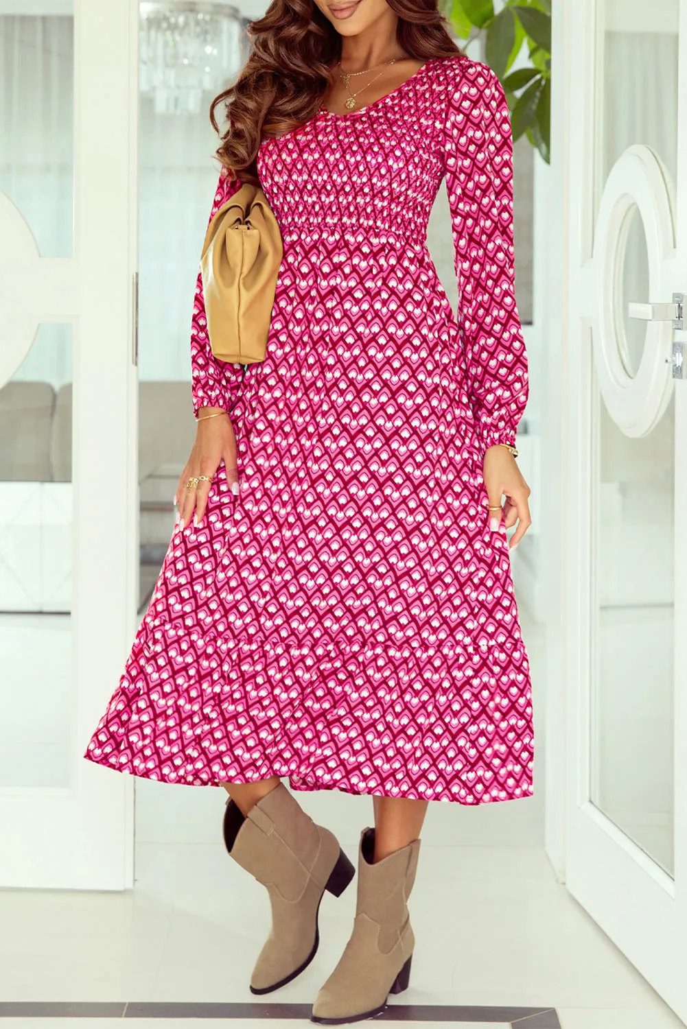 Geometric Shirred High Waist Long Dress