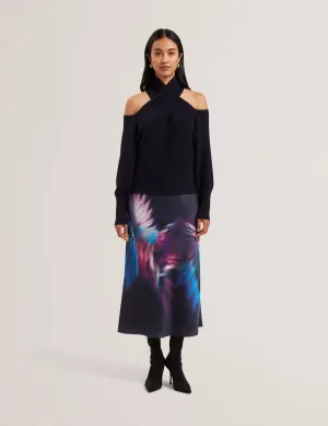 Gilao Printed Midi Bias Cut Skirt Navy