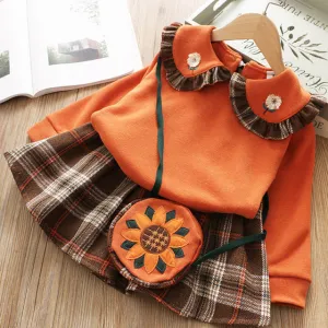 Girls Geometric Pattern Top Skirt Set Orange