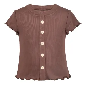 Girls T-shirt Crop Top Lettuce Trim Ribbed Knit Button Casual Size 4-10 Years