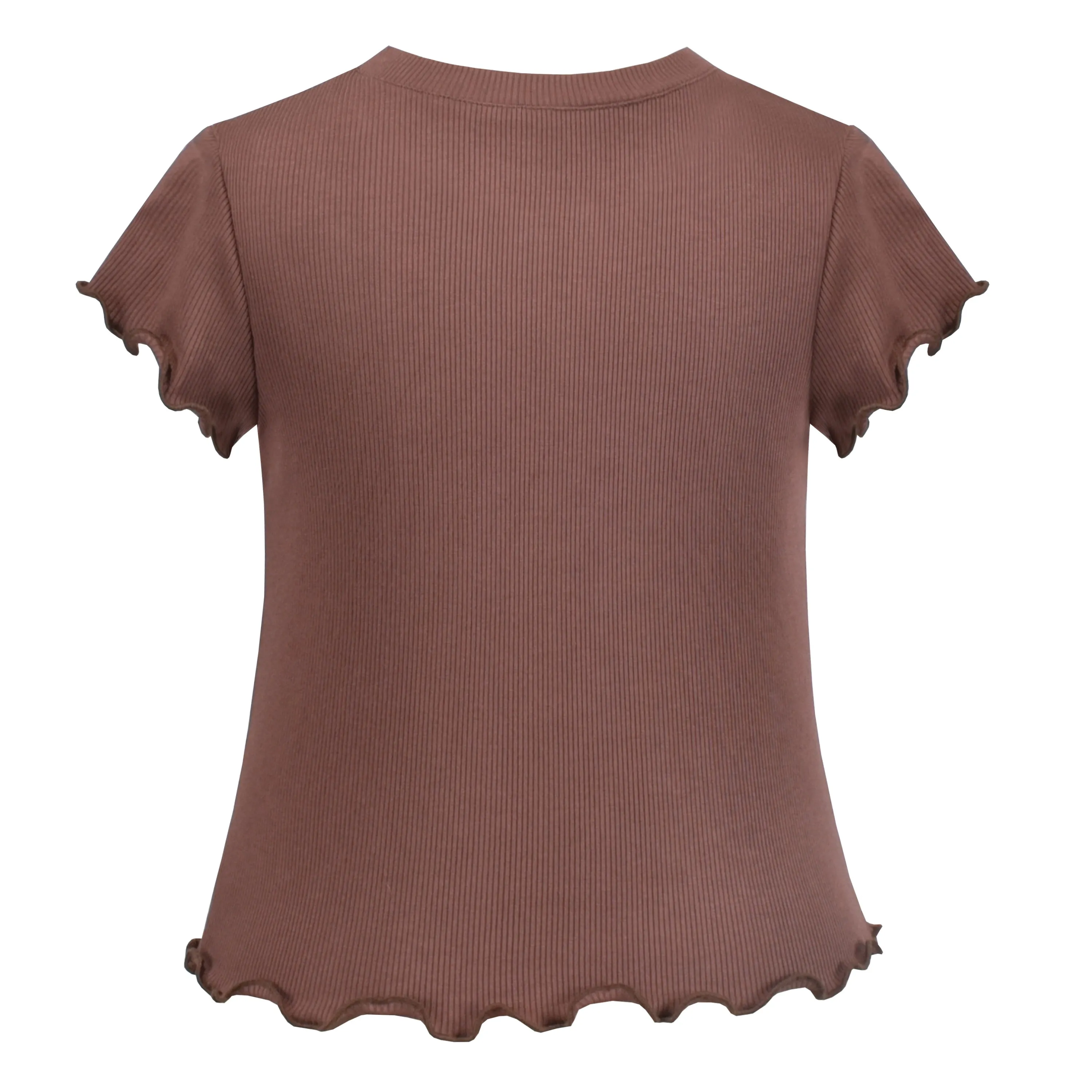 Girls T-shirt Crop Top Lettuce Trim Ribbed Knit Button Casual Size 4-10 Years
