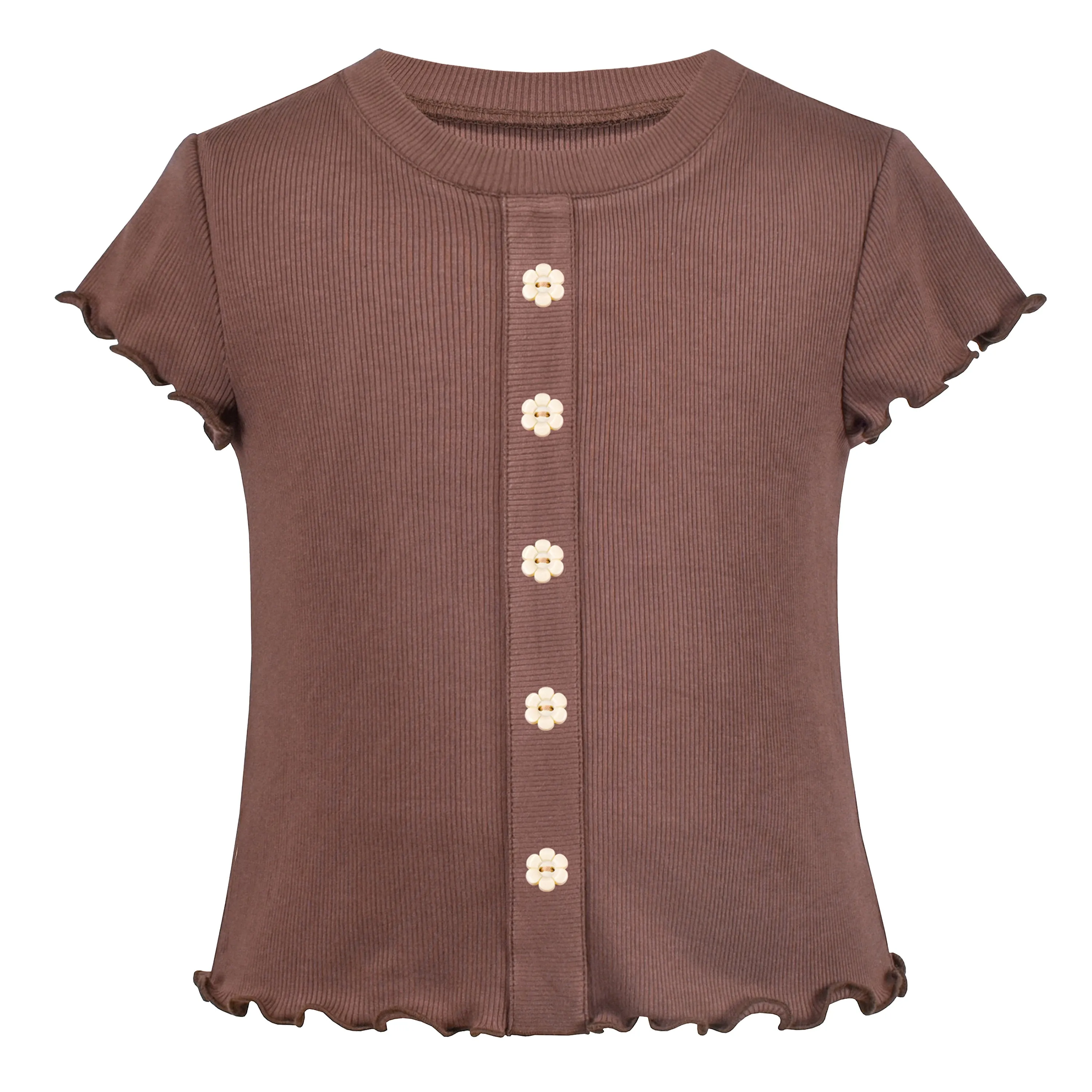 Girls T-shirt Crop Top Lettuce Trim Ribbed Knit Button Casual Size 4-10 Years
