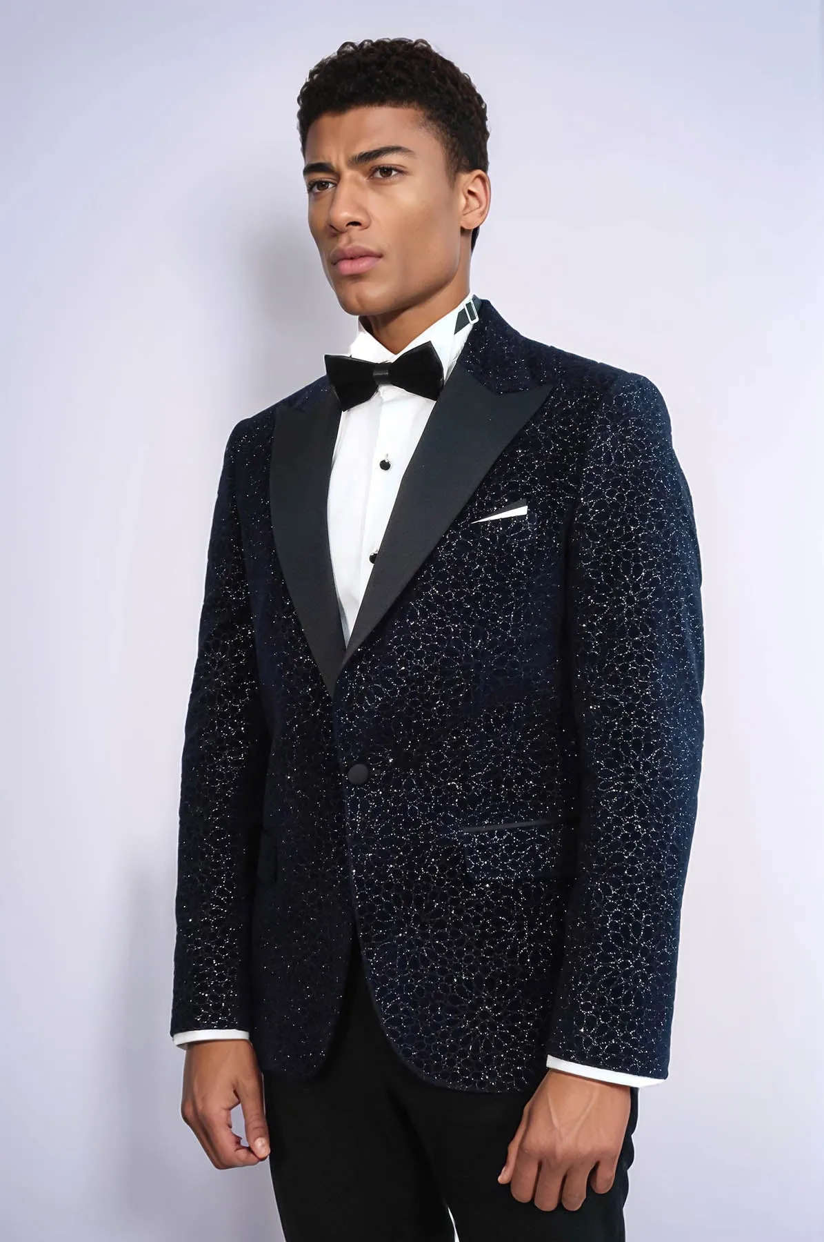 Glitter Floral Patterned Navy Blue Men Prom Blazer - Wessi